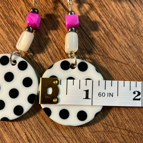 Hand Crafted Black and White Polka Dot Circle Disc Dangle Earrings - Picture 3 of 4